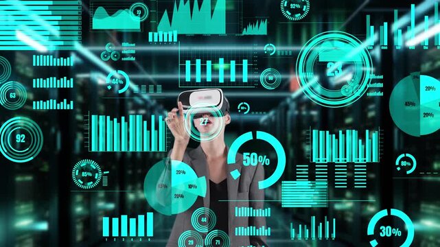 Businesswoman data searching dynamic market data scatter graph analysis monitor by VR future global innovation interface digital infographic network technology visual hologram animation. Contraption.