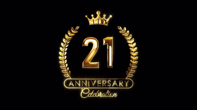 21st Anniversary Celebration. Happy 21 Years Anniversary Animation in Gold Color on the Transparent Background, Alpha Channel. Great for greetings, celebrations, events, and gifts.