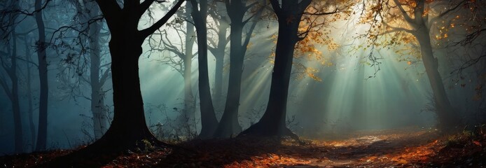 Naklejka premium Sunbeams Through Misty Forest.