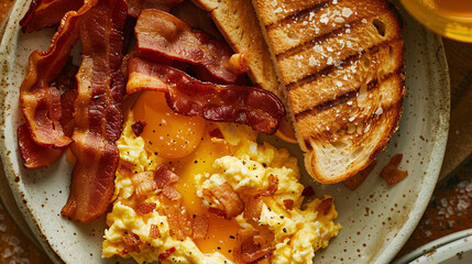 Breakfast spread with scrambled eggs, bacon, and toast