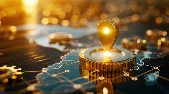 Map with a pin, double exposure of gears and machinery, representing operational efficiency in business