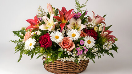 A colorful floral arrangement featuring roses, lilies, and daisies in a beautifully decorated basket, perfect for a gift or celebration 