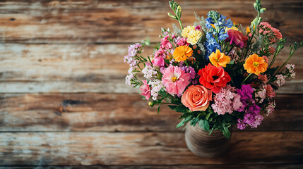 Obraz premium An overhead shot of a bouquet of mixed flowers arranged in a rustic vase, set against a wooden table background 