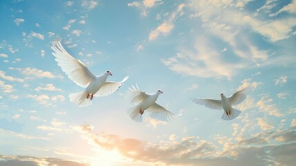 Fototapeta premium White doves ascending in a serene sky, signifying peace, love, and the Holy Spirit in Christian beliefs
