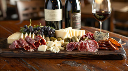 Cheese and charcuterie board with wine
