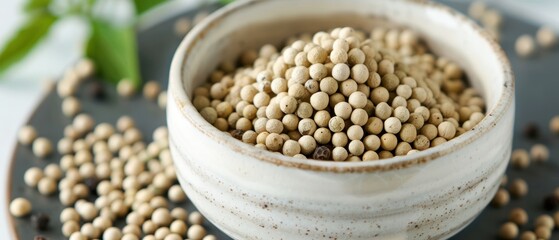 Obraz premium White peppercorns in a small ceramic bowl, highlighting their milder flavor compared to black pepper