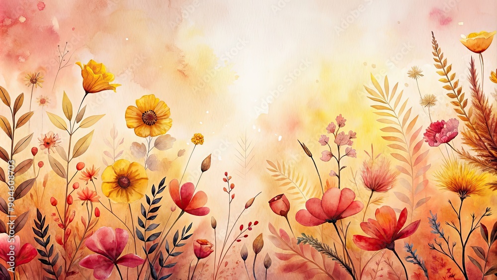 Wall mural Watercolor style of plants and nature in shades of roses, yellow, and poppy red, watercolor,plants, nature, roses, yellow