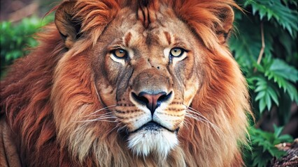 Naklejka premium Close up of a majestic lion staring intensely , Lion, feline, predator, wildlife, wild, safari, animal, close-up, portrait