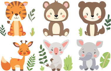 Adorable Woodland and Jungle Animals, Vector Illustrations of Bears, Elephants, Tigers, Lions, Foxes, Giraffes, and More for Creative Safari Designs