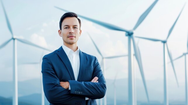 Business leader positioned with a wind farm backdrop, symbolizing commitment to renewable energy advocacy within a corporate framework