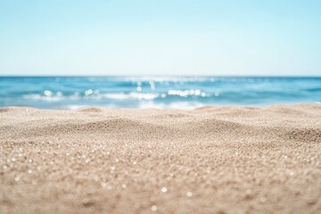 summer background of beach sand in the foreground and sea in the background, ai