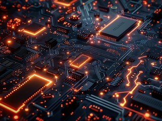 Obraz premium Closeup of a glowing circuit board with integrated circuits and microchips.