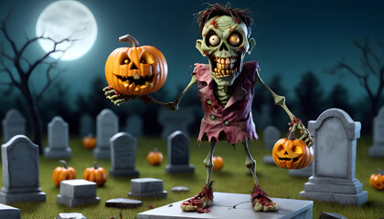 A cartoonish zombie with glowing eyes stands in a graveyard surrounded by carved pumpkins. The scene is set at night with a full moon and eerie atmosphere, featuring tombstones and a spooky backdrop.