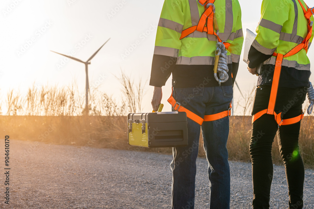 Wall mural close up of two technicians male walking in the wind turbines field.