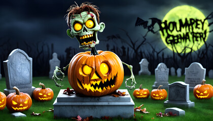 A cartoonish zombie with glowing eyes stands in a graveyard surrounded by carved pumpkins. The scene is set at night with a full moon and eerie atmosphere, featuring tombstones and a spooky backdrop.