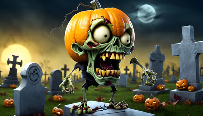 A cartoonish zombie with glowing eyes stands in a graveyard surrounded by carved pumpkins. The scene is set at night with a full moon and eerie atmosphere, featuring tombstones and a spooky backdrop.