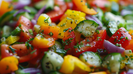 Close-up of a colorful vegetable salad with dressing