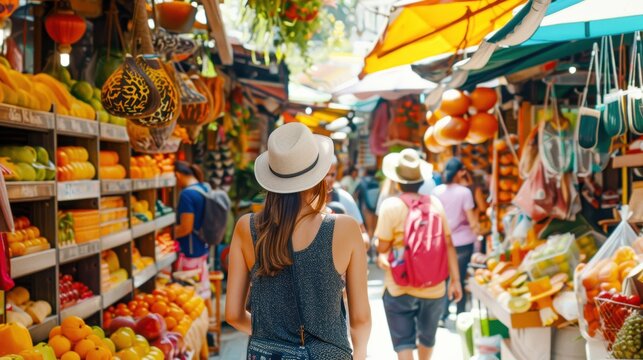 Explorers wandering through a market in an exotic destination, experiencing the local culture through its foods, crafts, and people