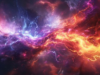 Abstract cosmic background with blue and orange lightning streaks in a nebula.