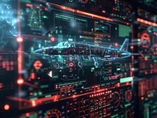 Futuristic airplane HUD interface with digital gauges and data.
