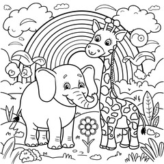 cartoon giraffe and elephant line art illustration with a rainbow, clouds and flowers. Animal character art for children coloring book illustration. Black and white  animal line drawing.