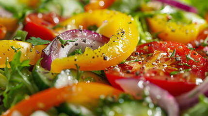 Close-up of a fresh vegetable salad with dressing