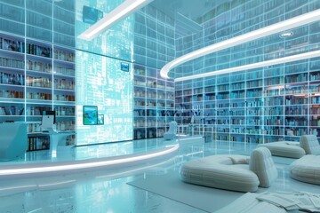 Futuristic Library with White Bookcases and Blue Lighting
