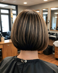 Fototapeta premium Mujer en una peluquería con un elegante peinado redondo visto por detrás