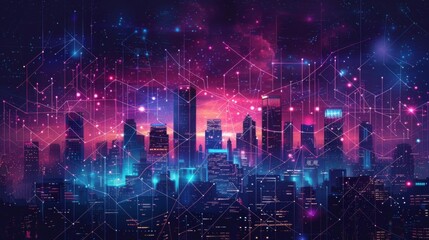 Fototapeta premium Futuristic cityscape with glowing lines connecting buildings against a vibrant nebula sky.