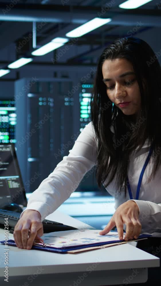 Poster vertical video engineer in data center installing software on computer, helping maintain network, tr