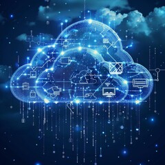 Fototapeta premium Abstract digital cloud computing concept with glowing lines and icons.