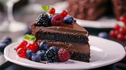 Close-up of a slice of chocolate cake with berries