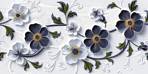 Seamless 3D White, Black Spring Cherry Blossom Autumn Blue Leaves and Flowers With Branches on a Light Background. Abstract Floral 3D Landscape Wall Sticker. HD Seamless Wallpaper