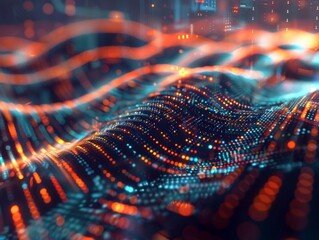 Abstract digital wave with glowing particles in blue and orange hues.