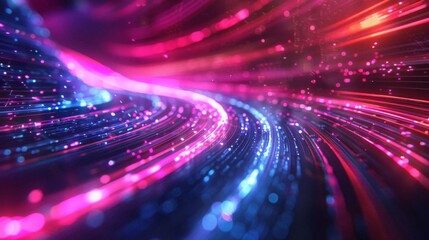 Abstract swirling light streaks in pink, blue, and red with glittering particles.