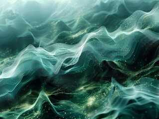 Abstract digital landscape with flowing lines and shimmering particles.