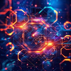 Abstract digital technology background with glowing lines and shapes.