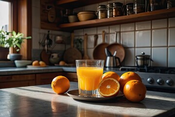 A photo of a glass of freshly squeezed orange juice in a cozy kitchen during the morning