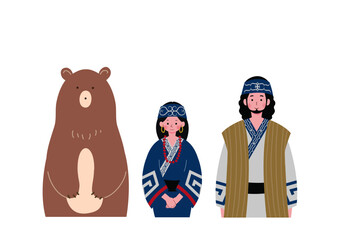 アイヌ民族の衣装を着た男女とヒグマのイラスト