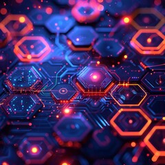 Abstract digital background with glowing hexagons and circuit board pattern.