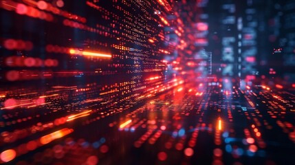 Abstract digital background with red and blue glowing lines.