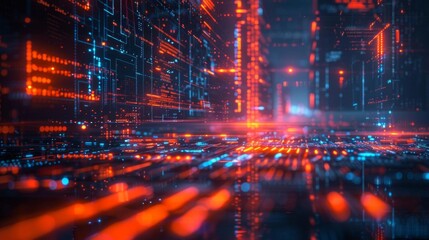 Futuristic cityscape with glowing digital lines and abstract buildings.