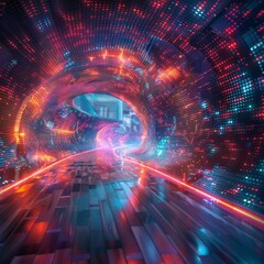 Abstract futuristic tunnel with glowing neon lights and digital data.