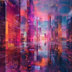 Futuristic city skyline with glowing lights and reflections.