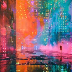 A lone figure walks through a futuristic cityscape bathed in vibrant neon light.