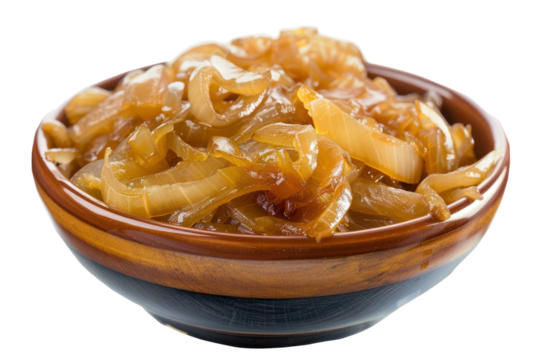 Sweet golden caramelized onion bowl isolated on white background.