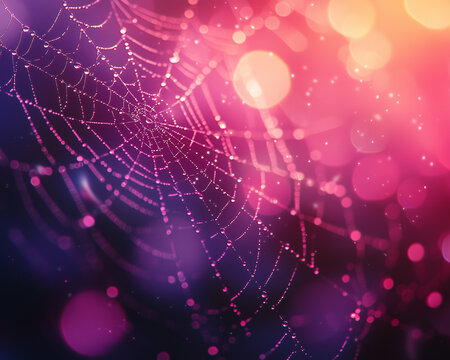 Dew Drops on Spider Web Bokeh - spiderweb, colorful, abstract, bokeh, lights, web, bright, background, nature, design, glow, artistic, purple, pink, yellow