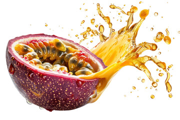 A passion fruit bursting with flavor, with juicy flesh flowing out when cut in half, isolated on a white background.