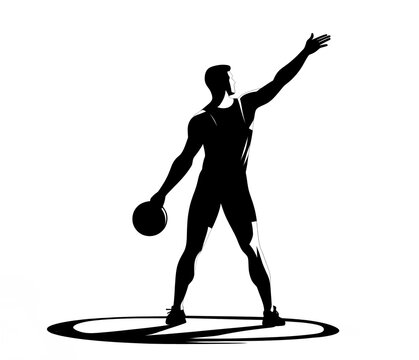 Isolated black and white vector illustration of male discus thrower competing in sports on white background.	