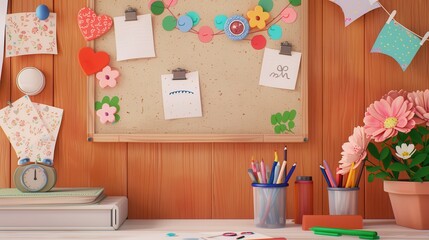 Obraz premium Colorful workspace featuring a bulletin board, stationery, and decorative flowers, perfect for creativity and inspiration.